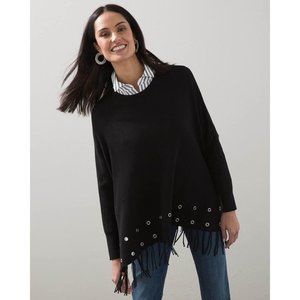 Chico’s Black Embellished Fall Fringe Sweater Poncho Sz L/XL